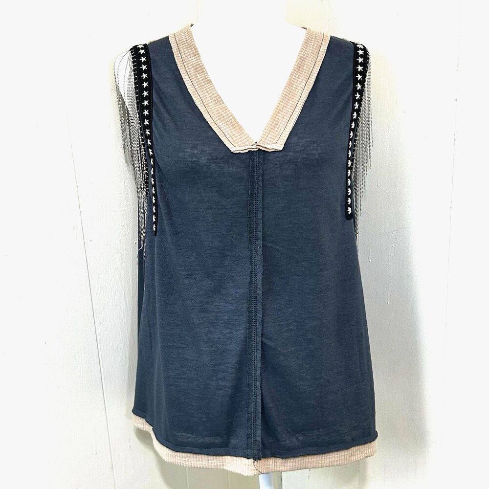 POL Sleeveless Top Womens Size Small Star Studded Patchwork Fringe Boho Hippie